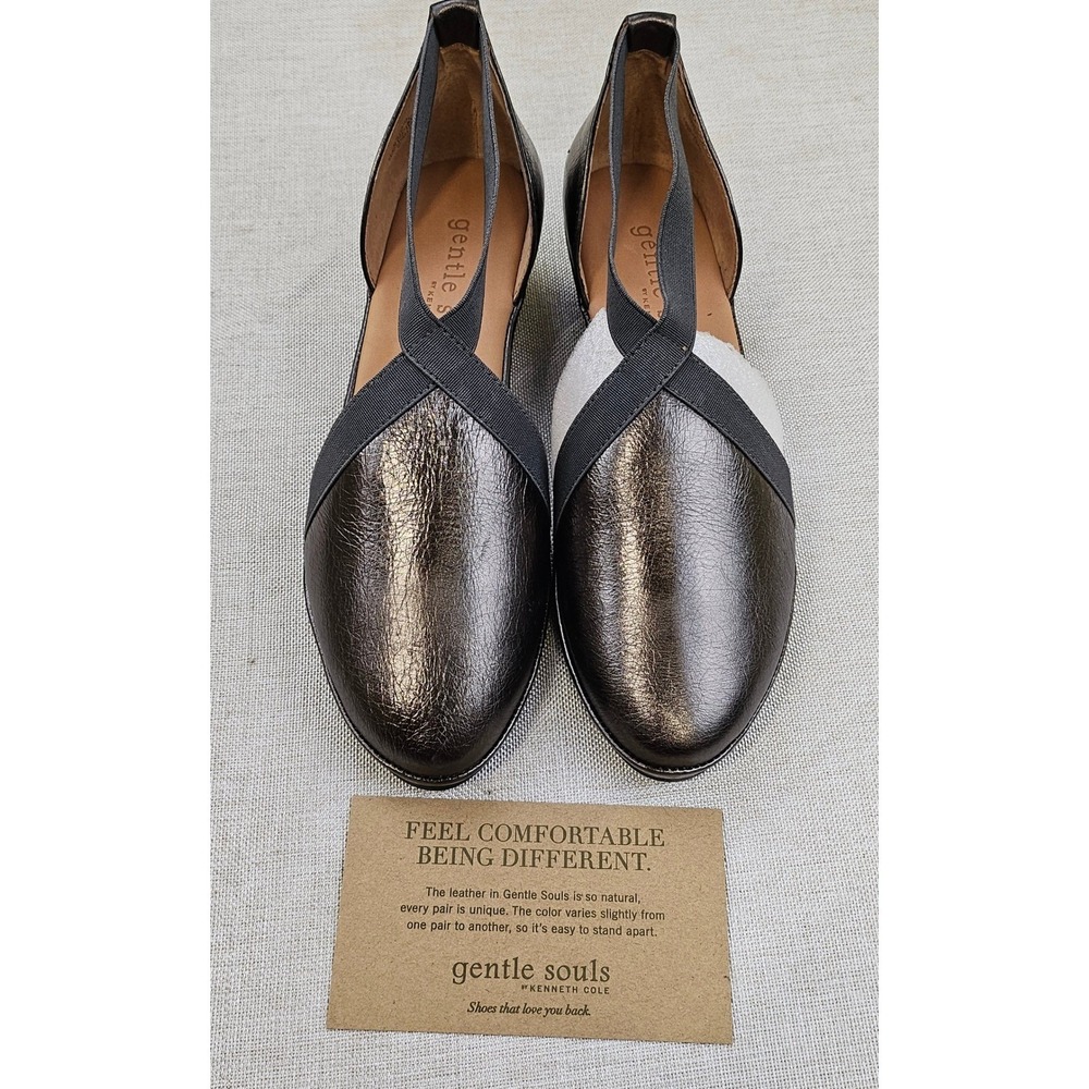 Gentle Souls by Kenneth Cole Natalia Pewter Leather Elastic Strap Flats‎ Women 7